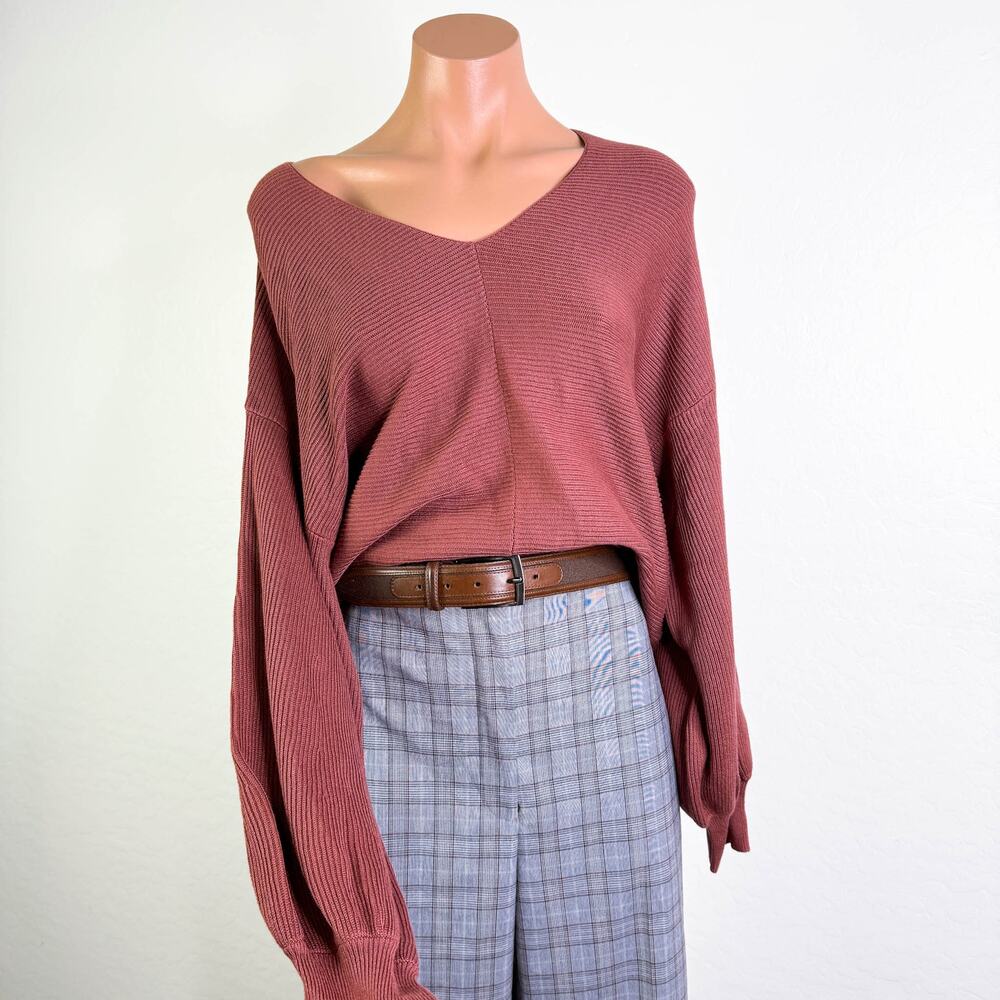 1 State V-Neck Ribbed Knit Sleeve Pullover Sweater Pumpkin Fall Preppy Sz L NWT